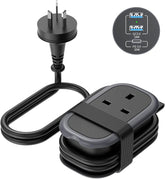 Black power adapter with plug and USB-C charging port on a white background